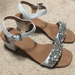 Dune London white leather +crystal mid heel sandal